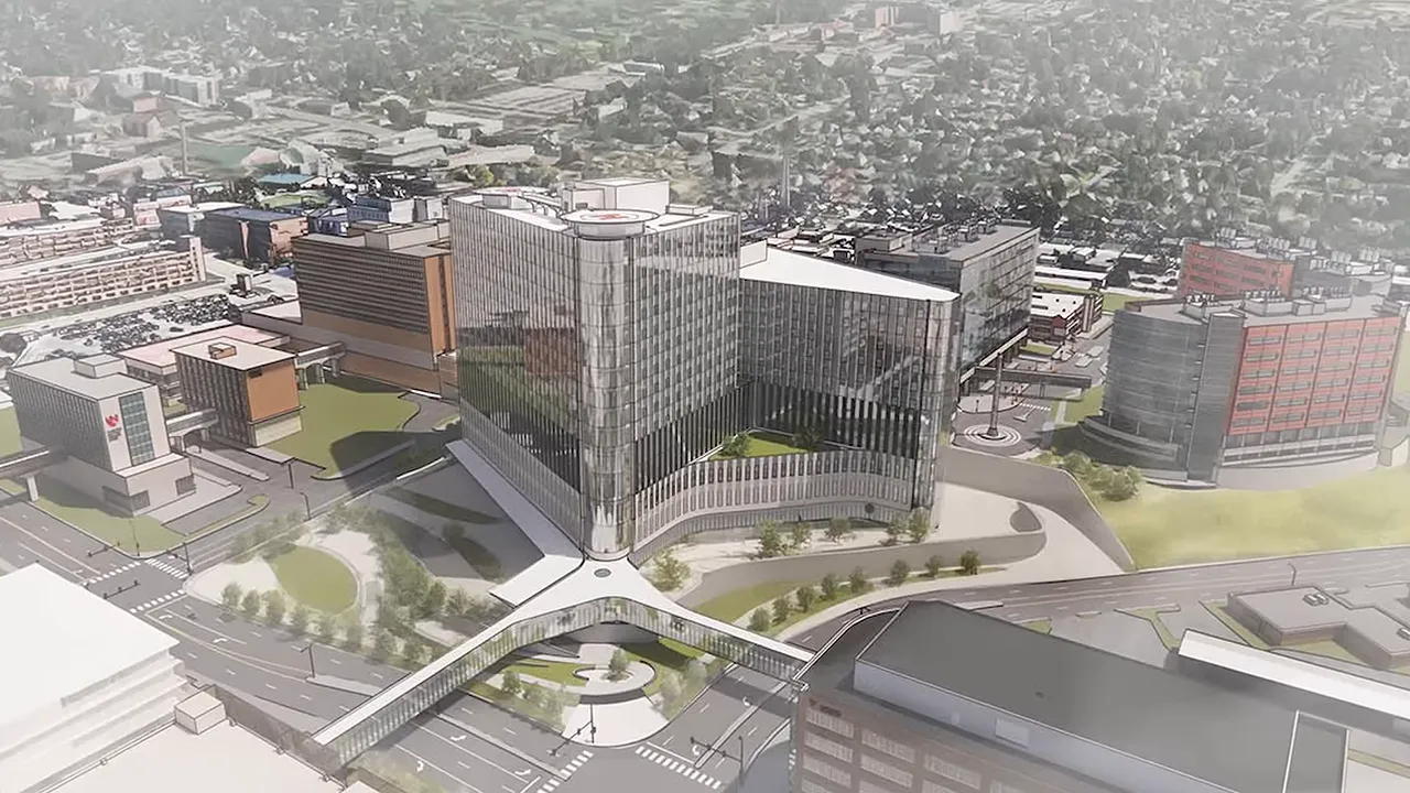 Aerial rendering of planned UNMC hospital towers and surrounding medical campus
