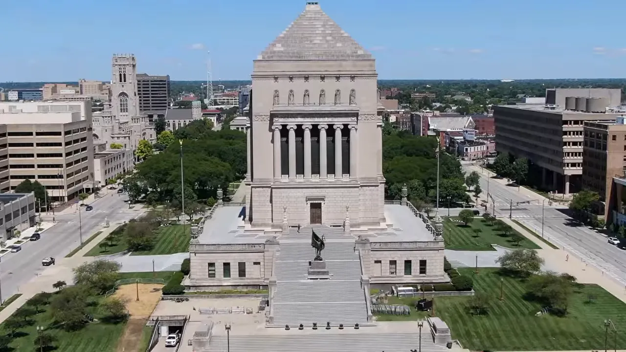 aerial view of the Indiana War Memorial and surrounding downtown blocks