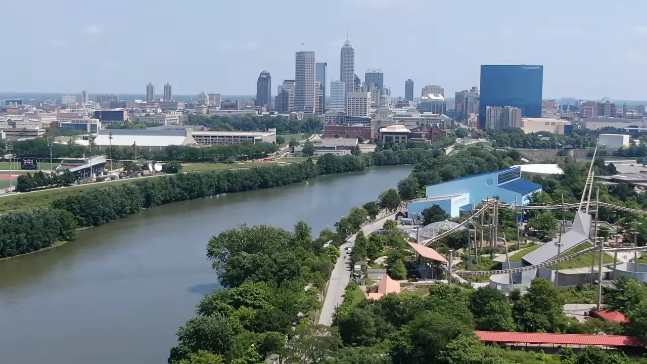 aerial view of the White River curving past downtown Indianapolis