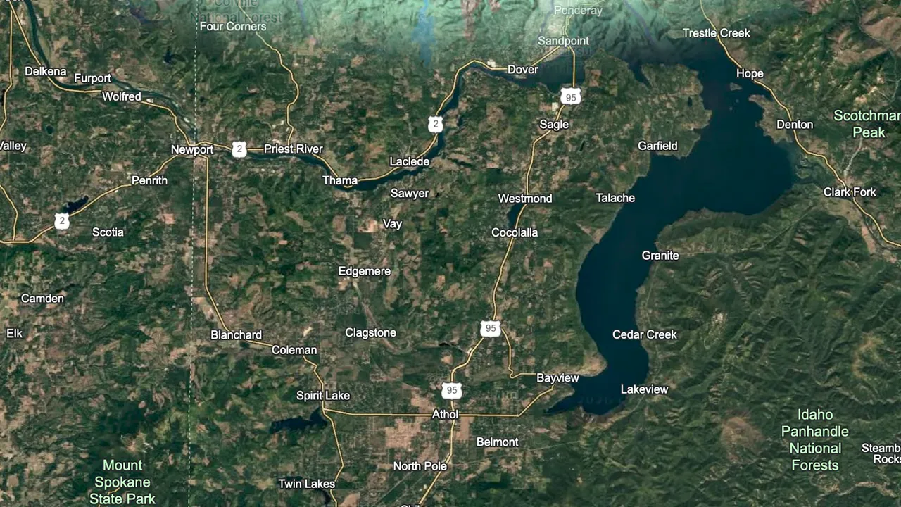 Map showing a route through the forested North Idaho region