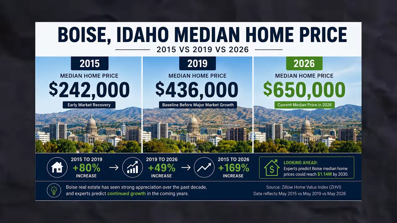 Graphic showing Boise Idaho median home price in 2015 2019 and 2026 with rising values