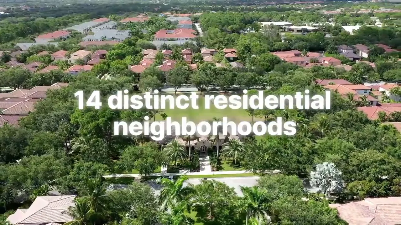 Aerial view of Abacoa neighborhoods with text noting 14 distinct residential neighborhoods