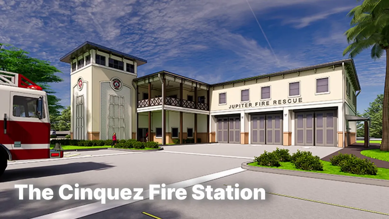 Exterior rendering of the Cinquez Fire Station with a fire truck parked beside the building