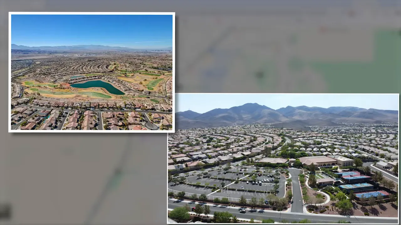 Two aerial images showing a Las Vegas valley community area with a pond and surrounding mountains
