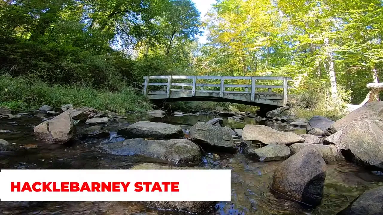 Rocky stream under a small bridge in hacklebarney state park