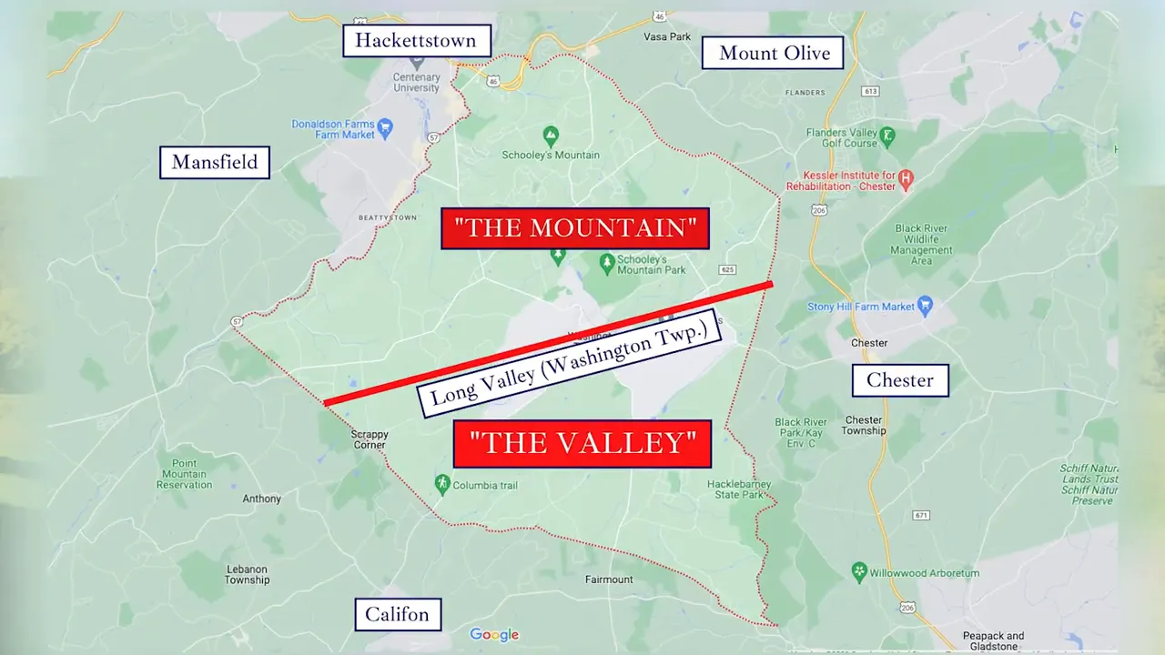 Map labeling the mountain and the valley with long valley washington township and nearby towns