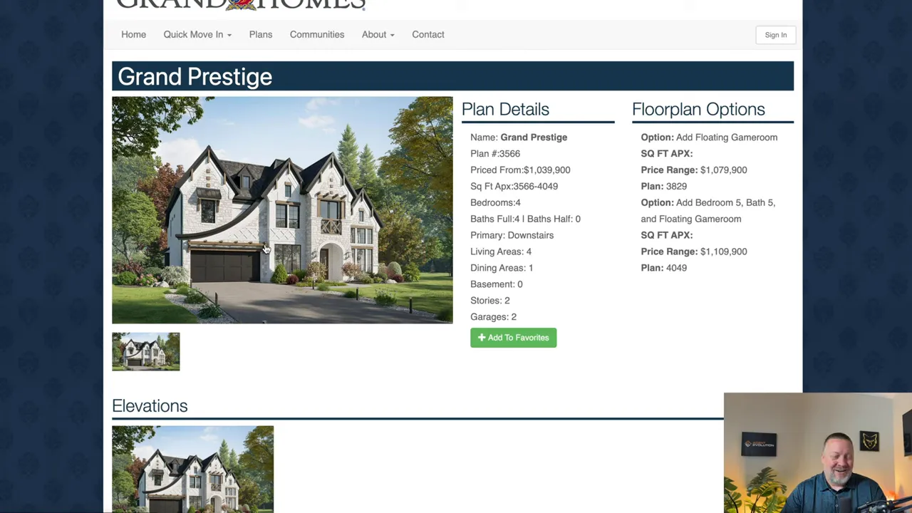 Screenshot of Grand Prestige plan details including bedrooms, baths, and upgrade options