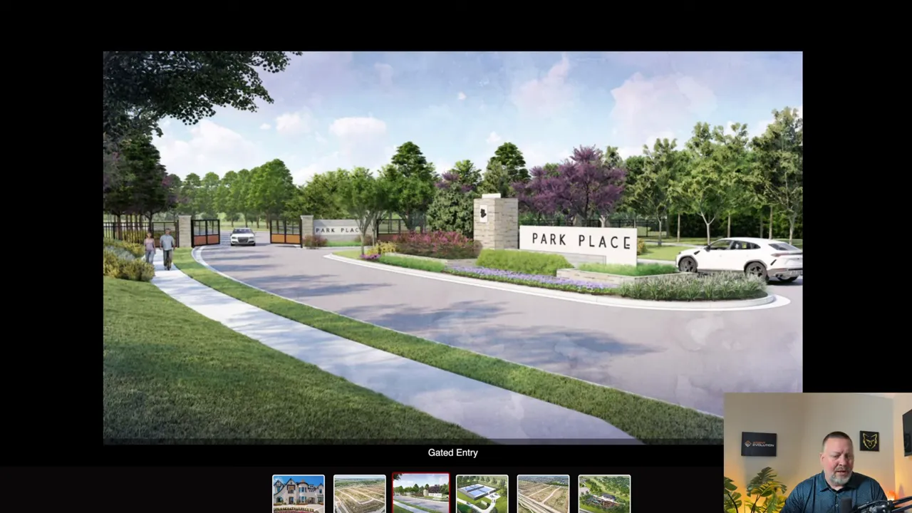 Park Place by Grand Homes gated entry with landscaping and neighborhood signage