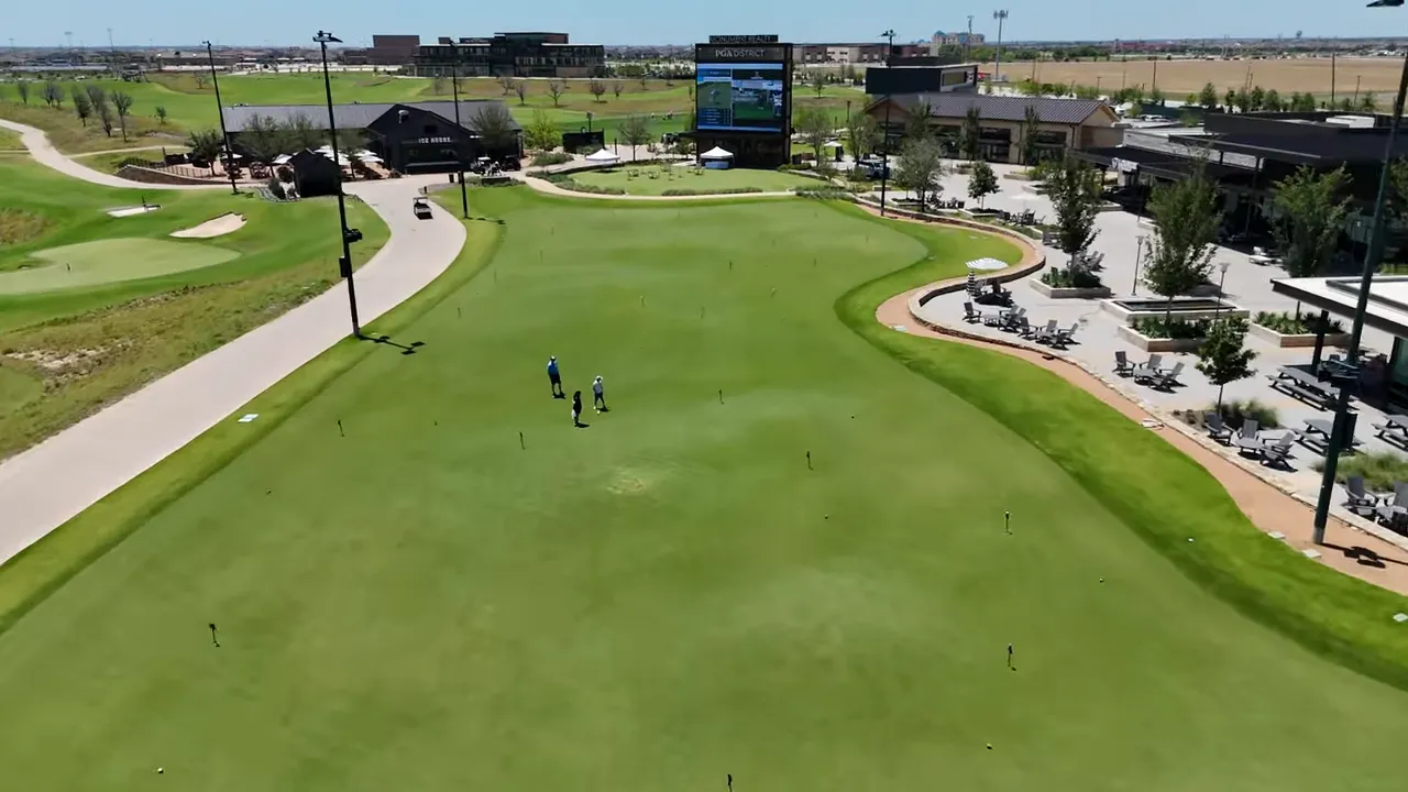 Wide aerial view of Park Place amenity area and clubhouse in Prosper TX