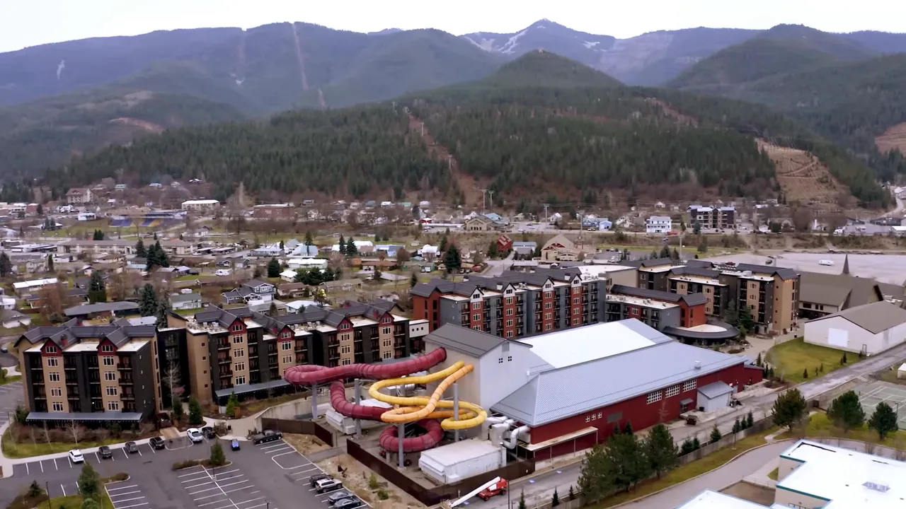 aerial view of Silver Mountain resort buildings and water slides