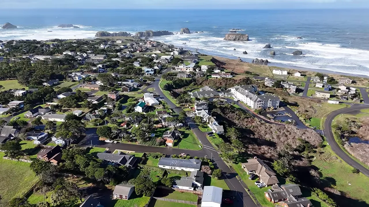 Aerial view of Bandon neighborhoods near the coastline