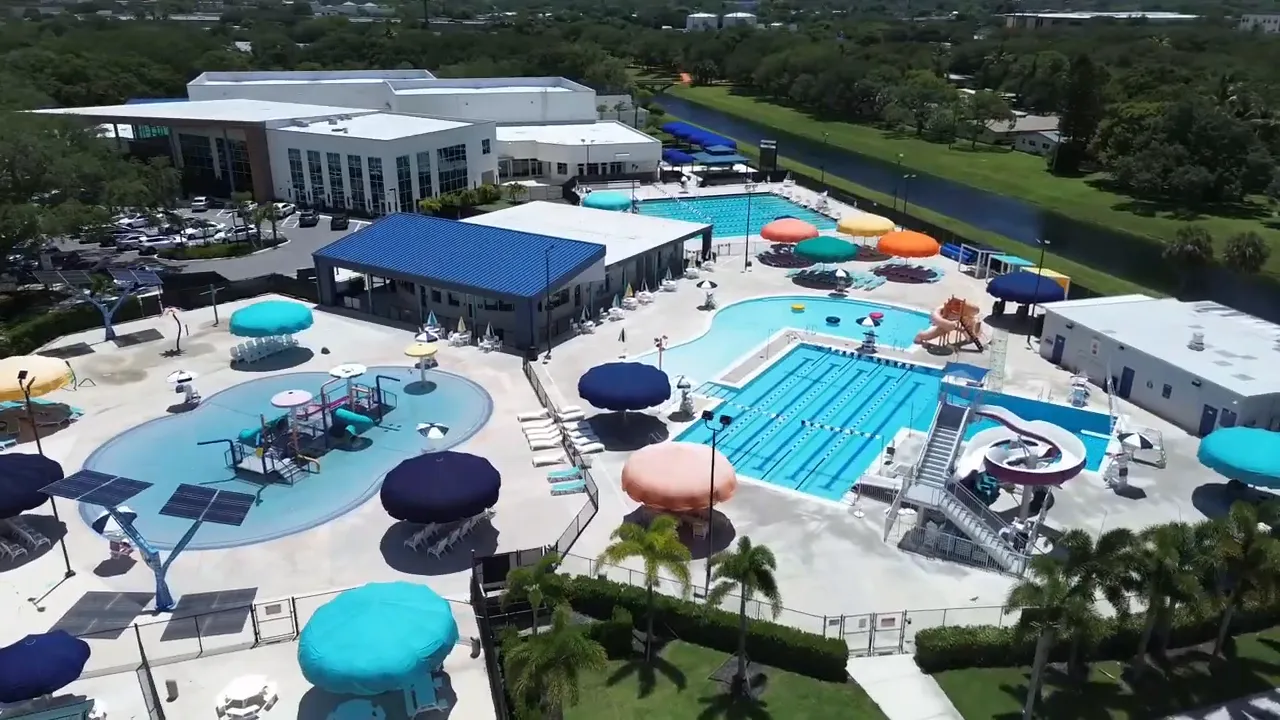 Aerial view of aquatic complex with pools and shade structures