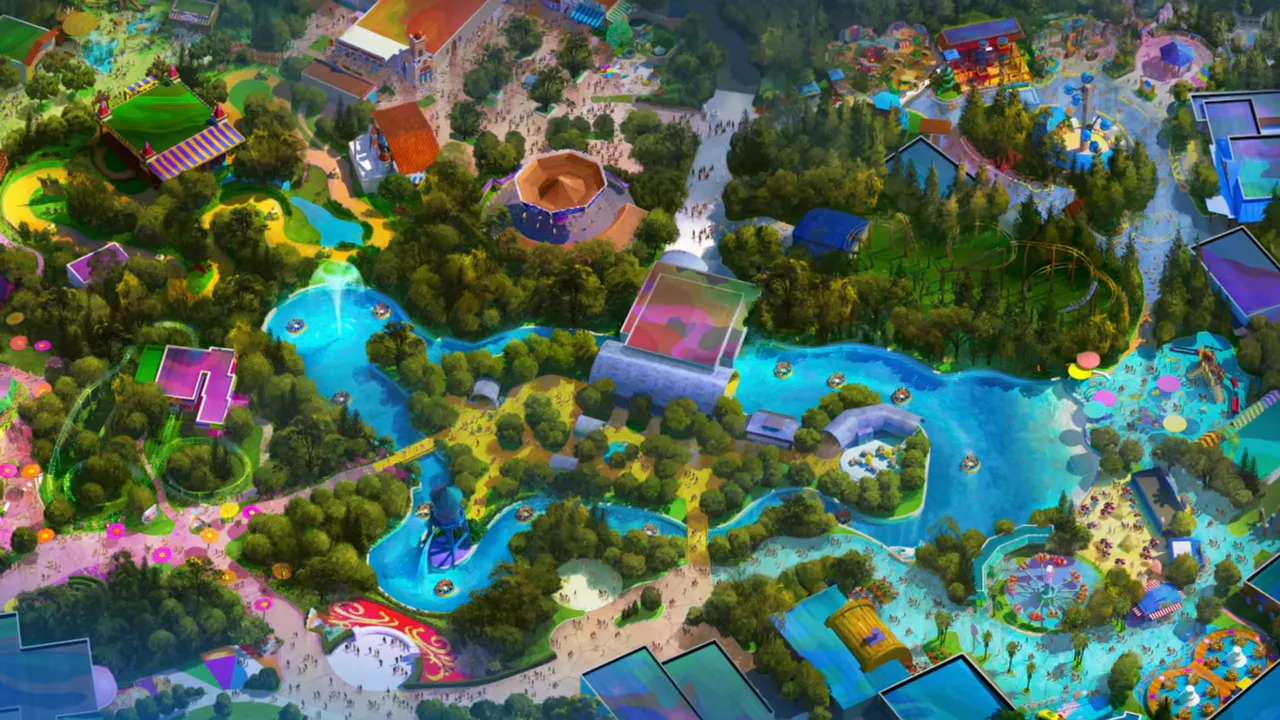 Aerial render concept of Universal Kids Theme Park with water features, attractions, and themed areas in Frisco, Texas