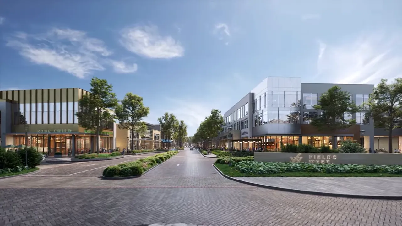 Street view rendering of Fields West at Fields of Frisco with mixed-use storefronts, landscaping, and pedestrian-friendly design