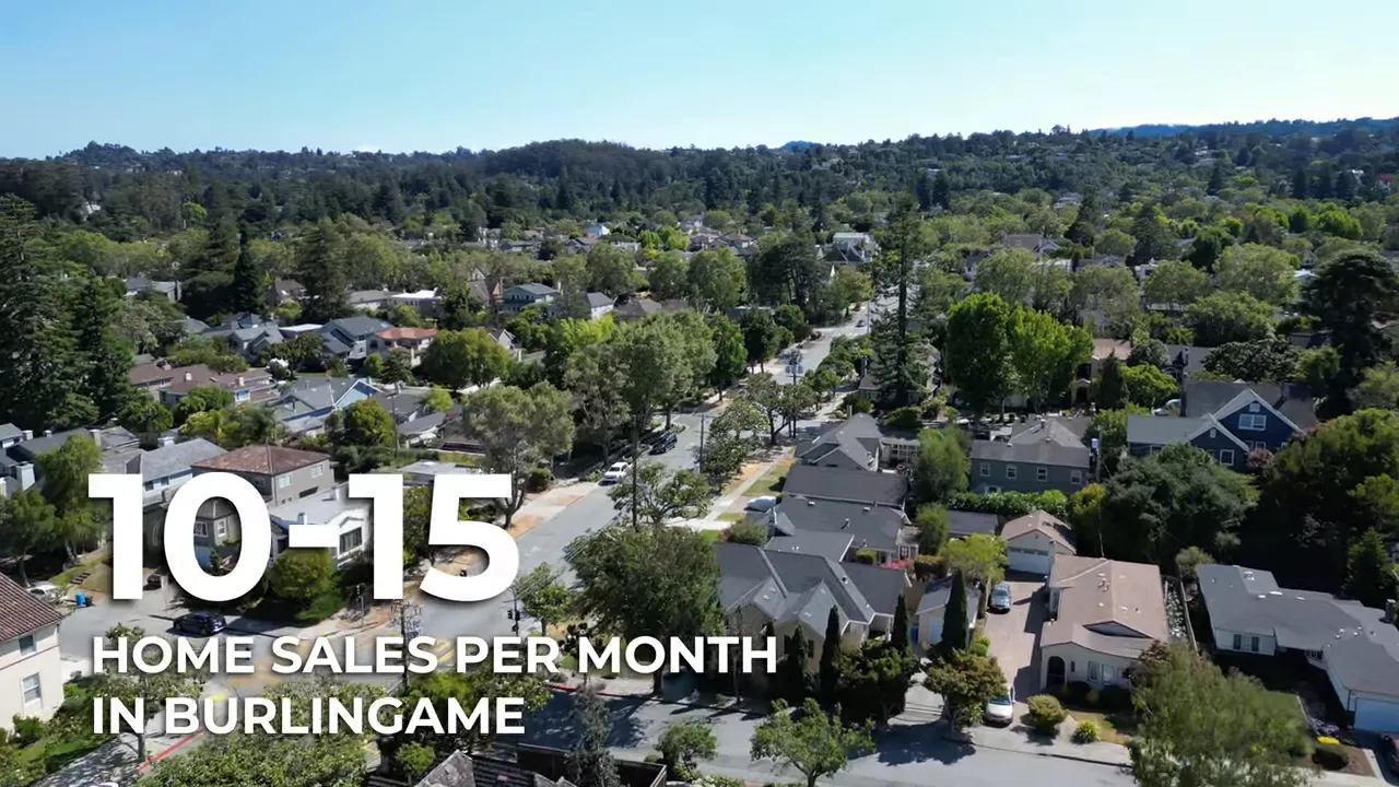 Aerial view of Burlingame homes with text showing 10 to 15 home sales per month
