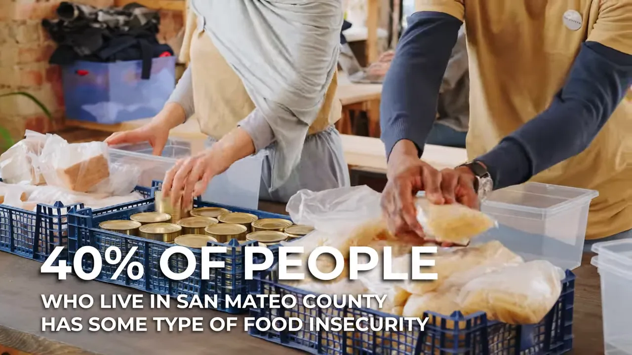 Volunteers packing food with text stating 40 percent of people in San Mateo County have food insecurity