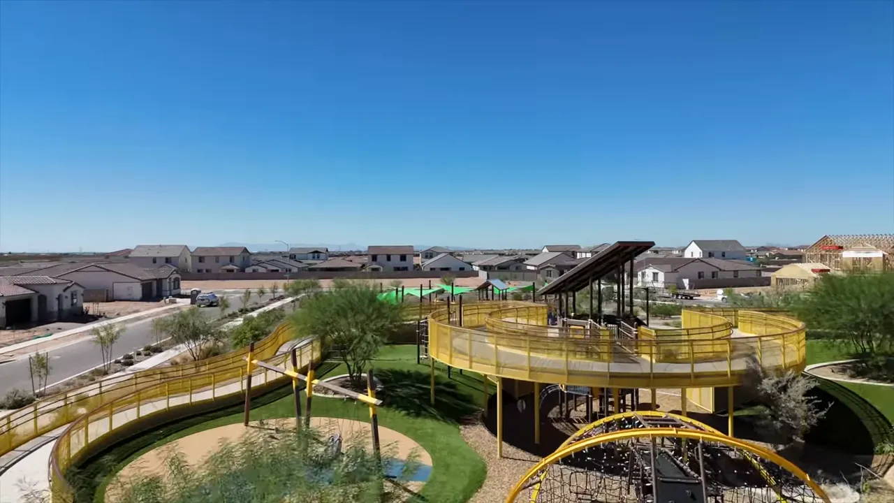 Adventure playground with elevated yellow walkways and climbing structures