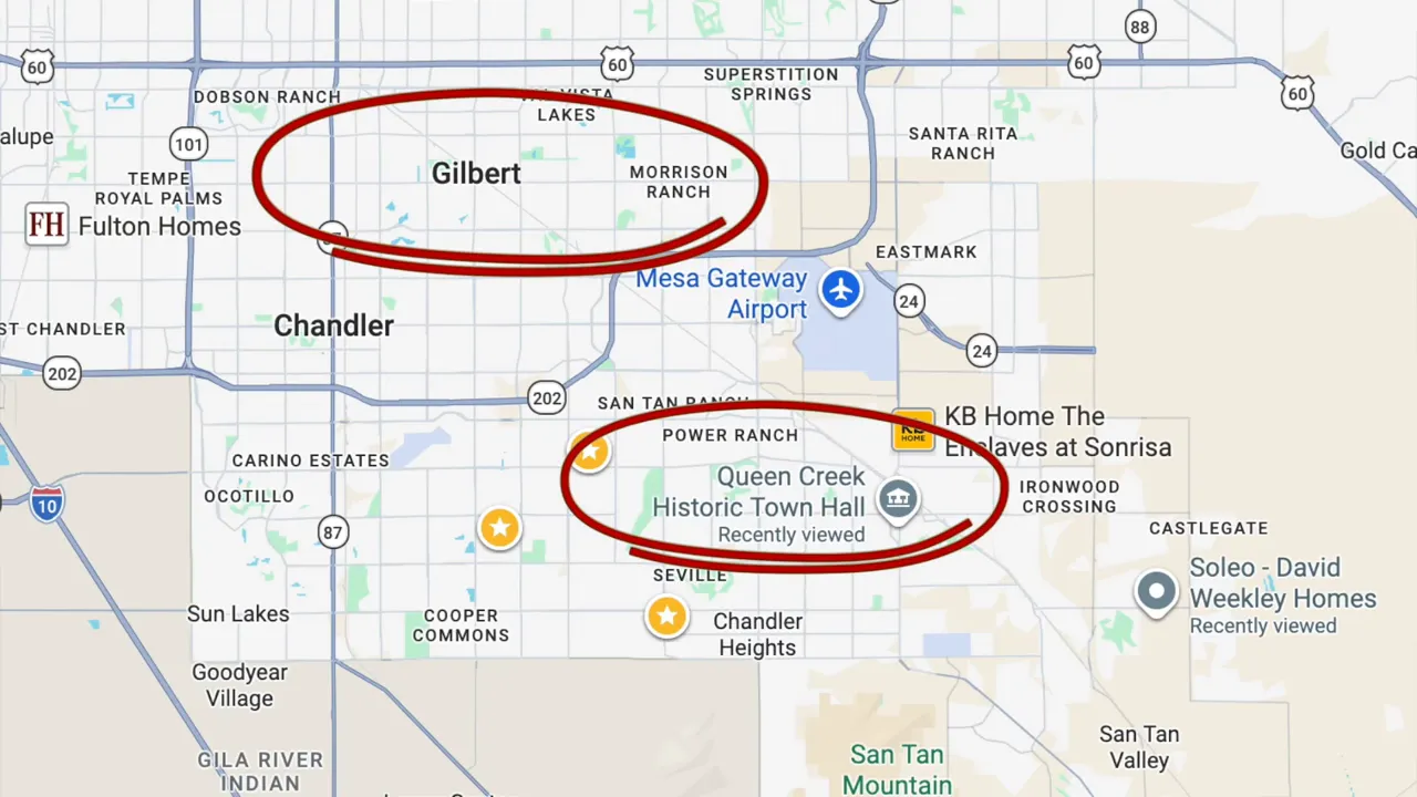 Map of the southeast Phoenix area with Gilbert and Queen Creek circled in red