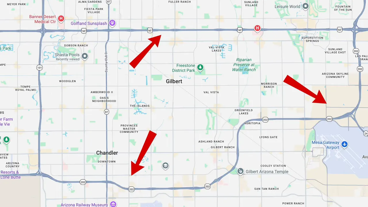 Map of Gilbert and Queen Creek area with red arrows marking major routes