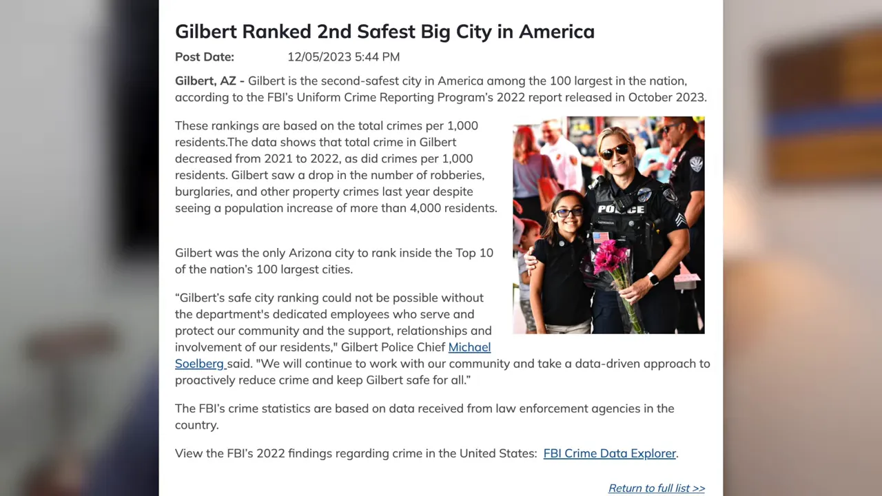 Article screenshot titled Gilbert Ranked 2nd Safest Big City in America