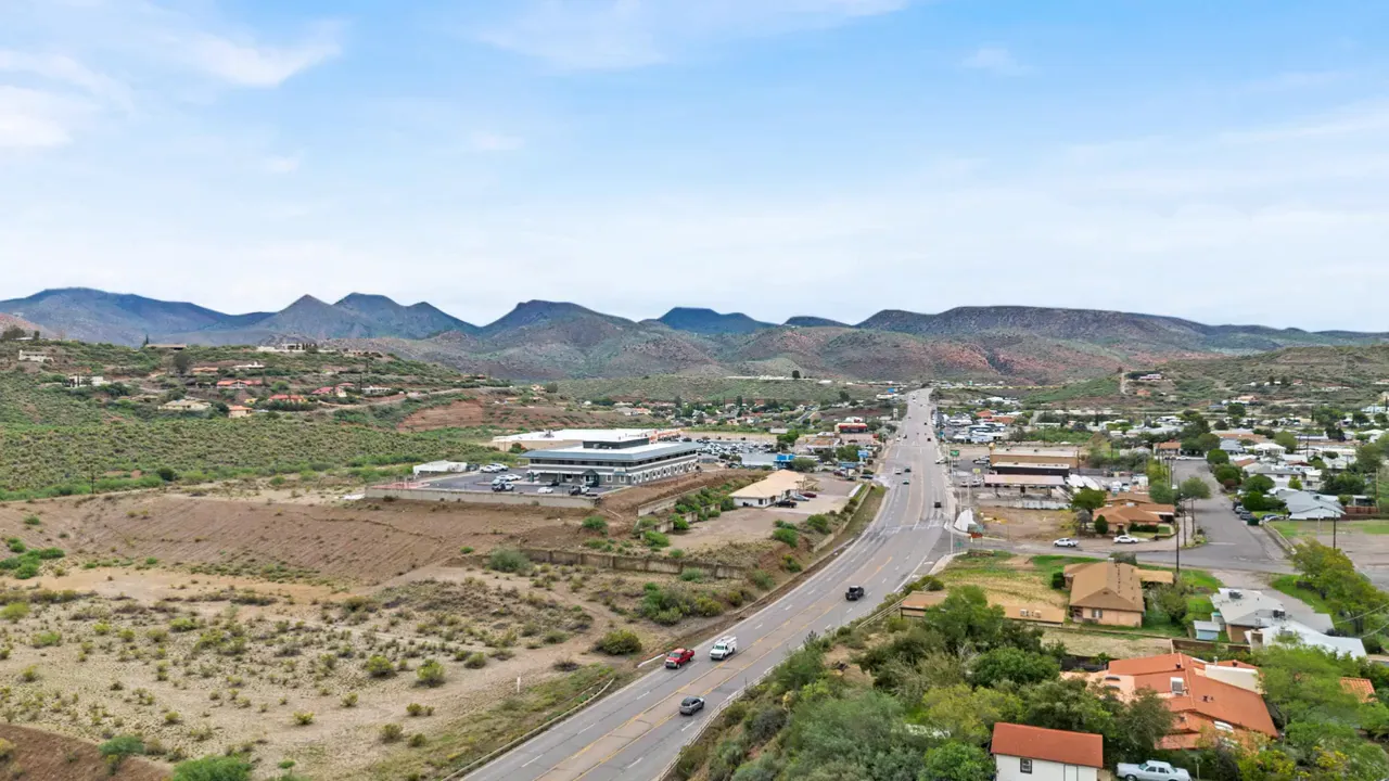 Aerial view of Miami Arizona streets, buildings, and surrounding mountains