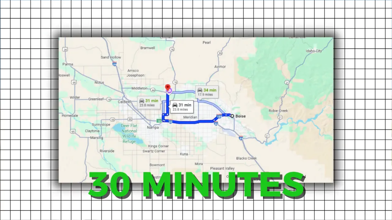 Map graphic showing a 30 minute route to Boise