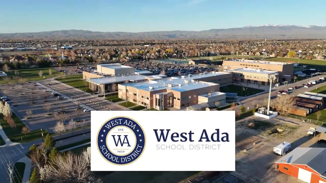 Aerial view of school campus with West Ada School District logo