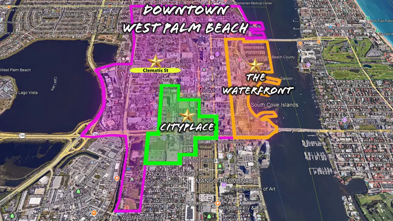 Map highlighting West Palm Beach downtown, CityPlace, waterfront access, and intercoastal neighborhoods