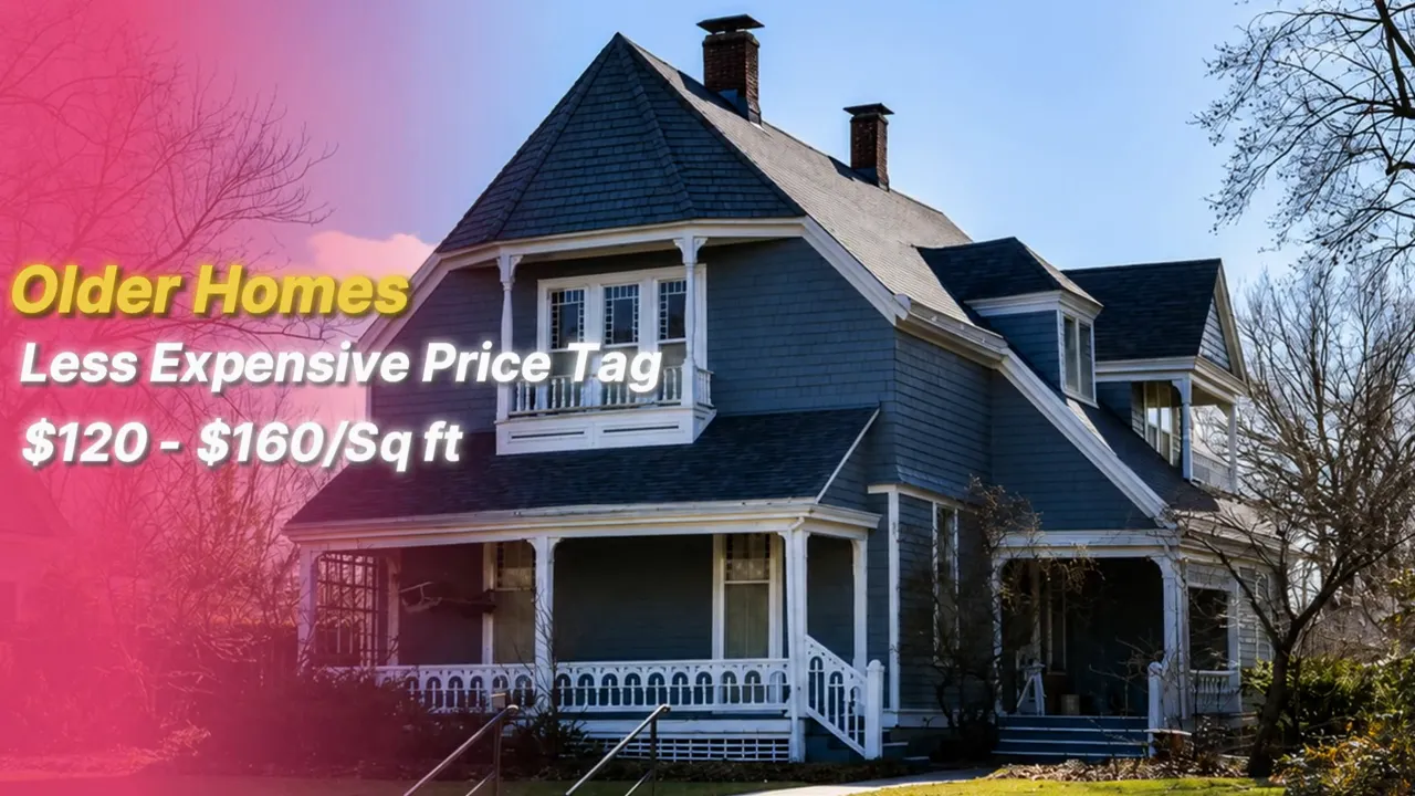 Older two story house with text showing price range of 120 to 160 dollars per square foot