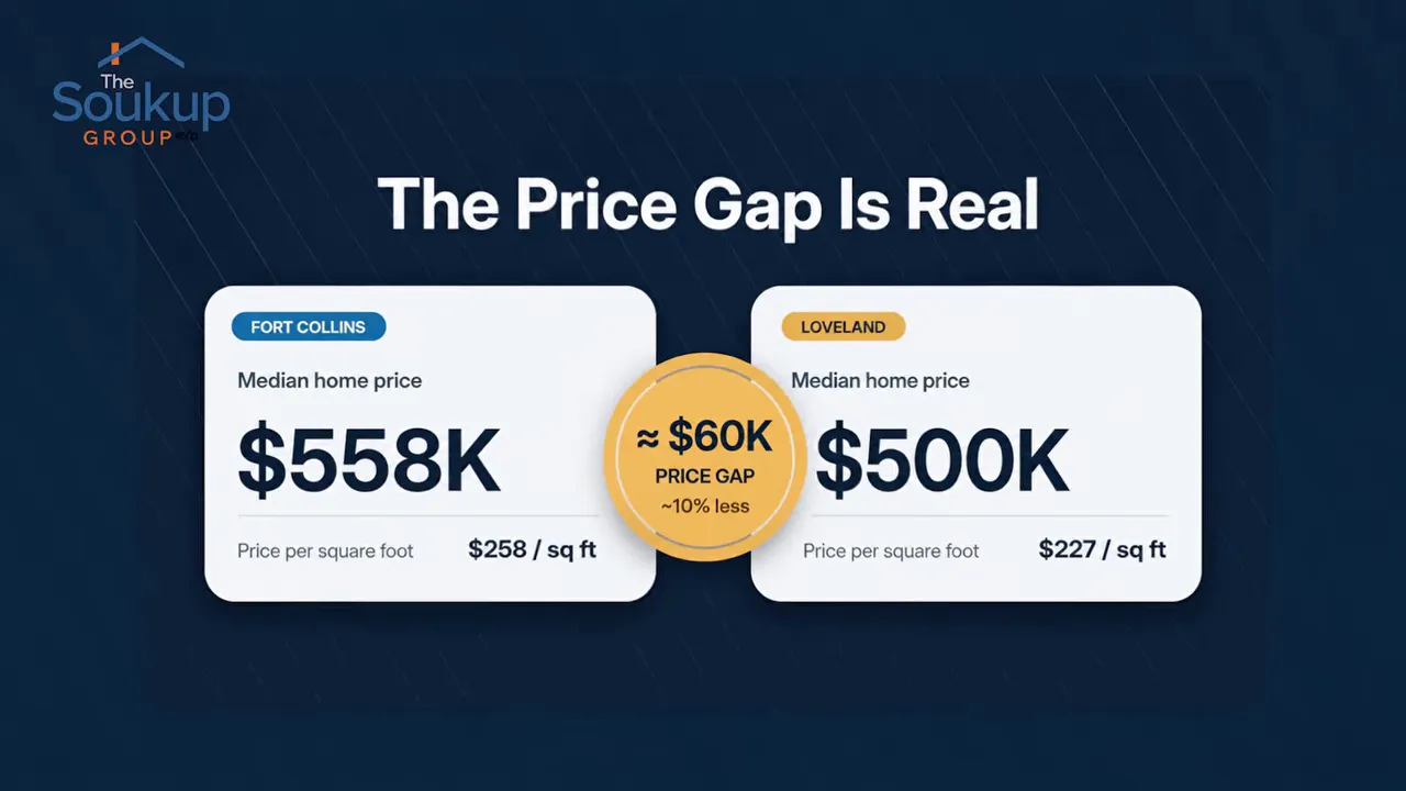 Graphic comparing Fort Collins median home price of 558 thousand dollars with Loveland median home price of 500 thousand dollars