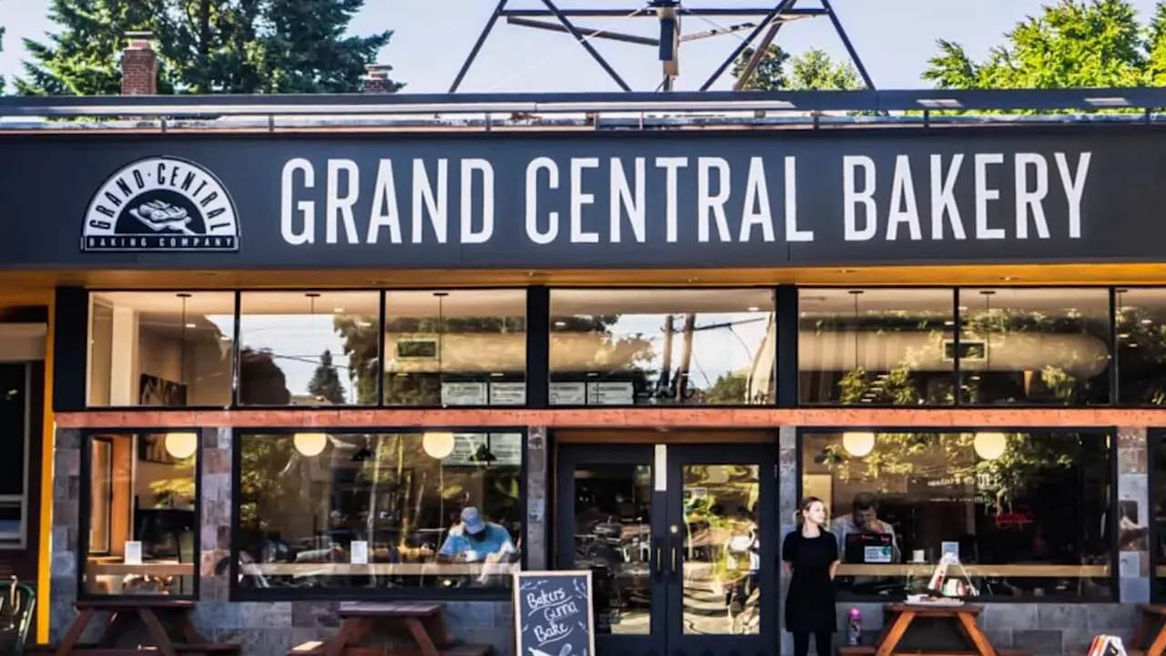 Grand Central Bakery storefront with black sign and large front windows