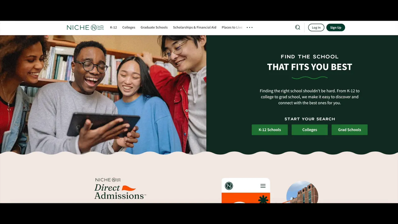 Niche website homepage with a search panel and people holding a phone