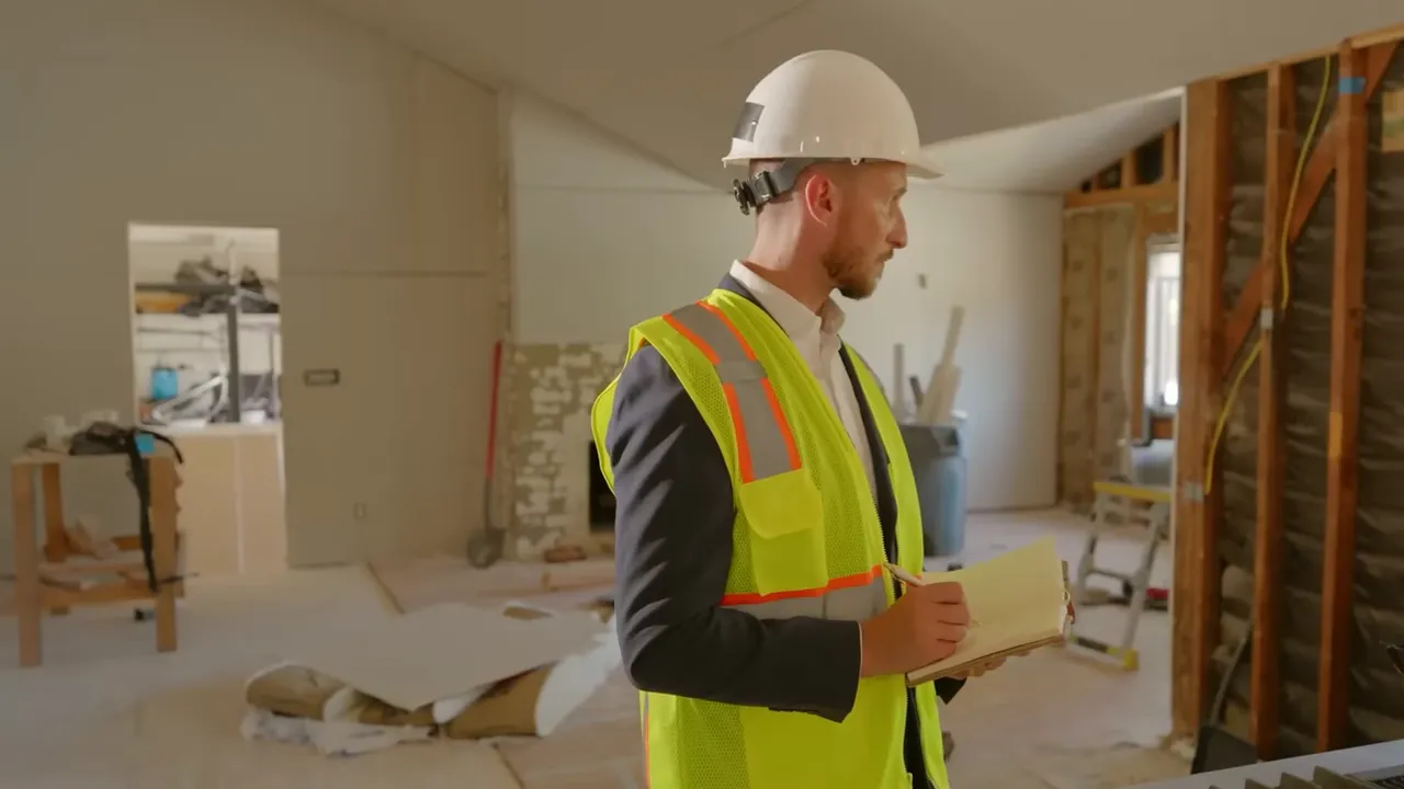 Construction inspector wearing a hard hat and safety vest inside an unfinished home