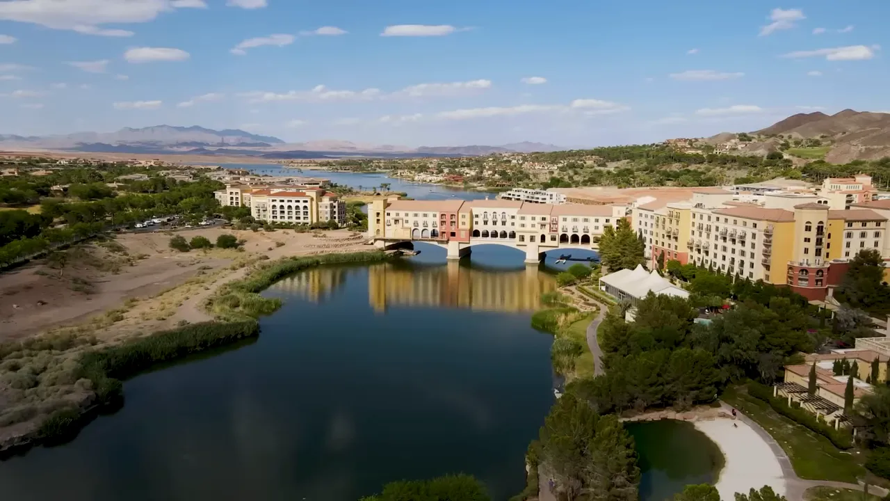 Aerial view of Lake Las Vegas village buildings surrounding the water