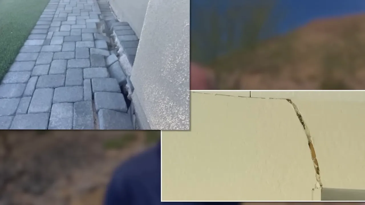 Photos showing separated patio paving and a crack in an interior wall