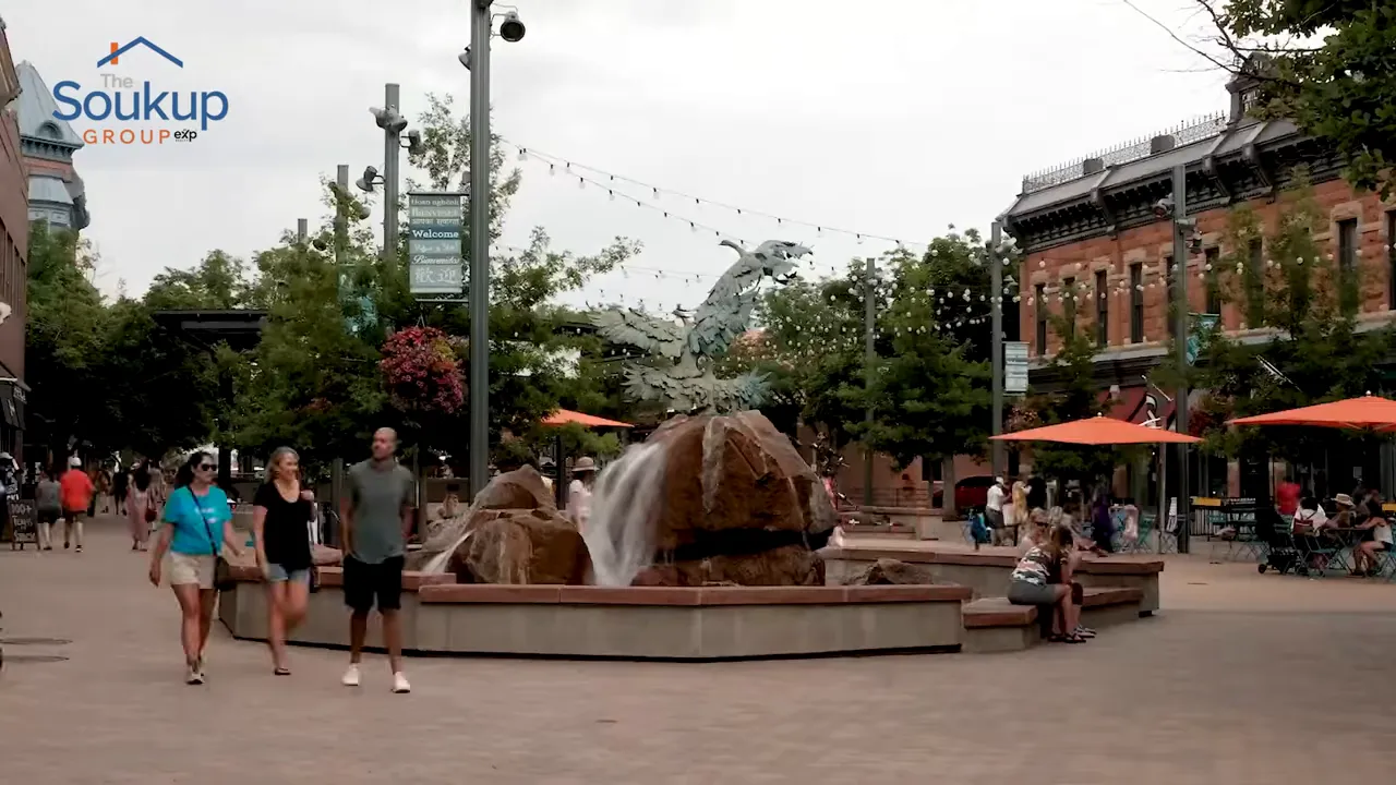 Fountain plaza and storefronts in Old Town Fort Collins