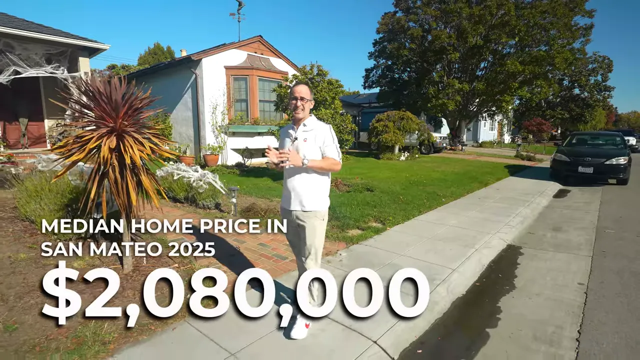 Presenter on a sidewalk with large text overlay showing San Mateo median home price $2,080,000
