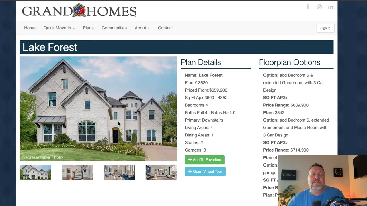 Grand Homes Lake Forest plan details screen showing exterior photo and floor plan options