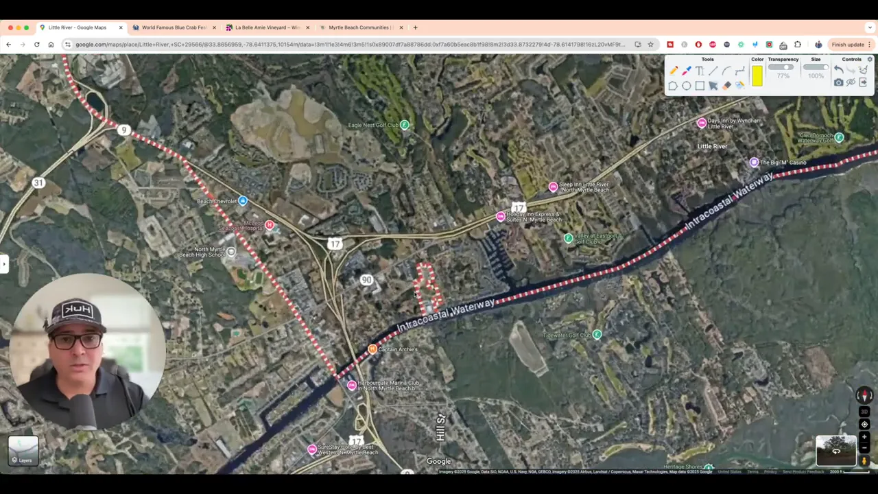 Satellite map view showing the Little River area near the coast and road network