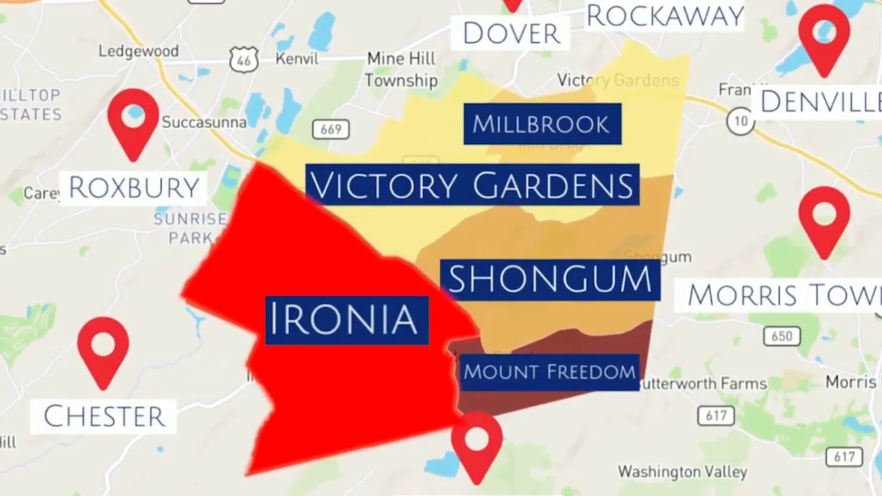 Map graphic showing Randolph sections labeled Ironia, Shongum, Victory Gardens, Mount Freedom, and Millbrook