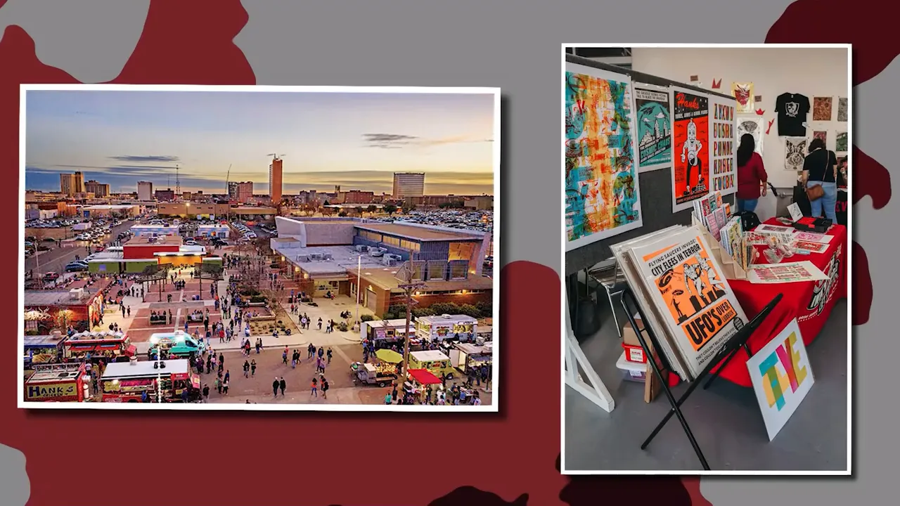 First Friday Art Trail crowd and food trucks in the arts district