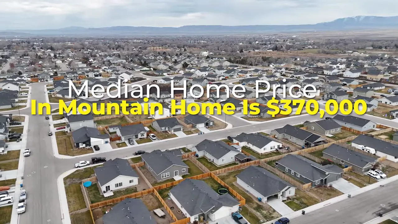 Aerial view of Mountain Home neighborhood with text showing median home price of 370000 dollars