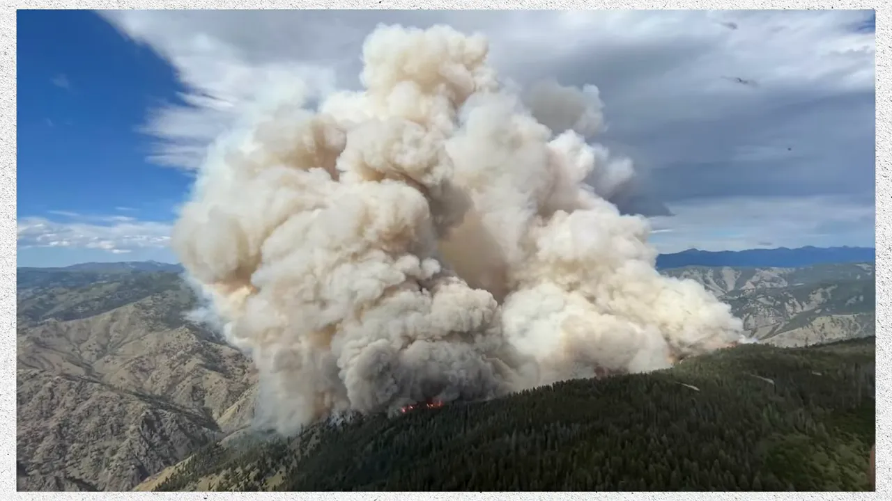 Roadside view from inside a vehicle with dark wildfire smoke in the distance