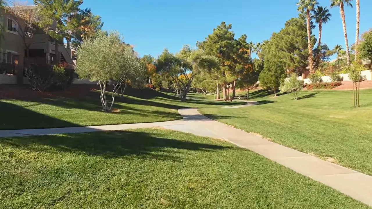 Paved walking path through green grass and palm trees in a Las Vegas neighborhood