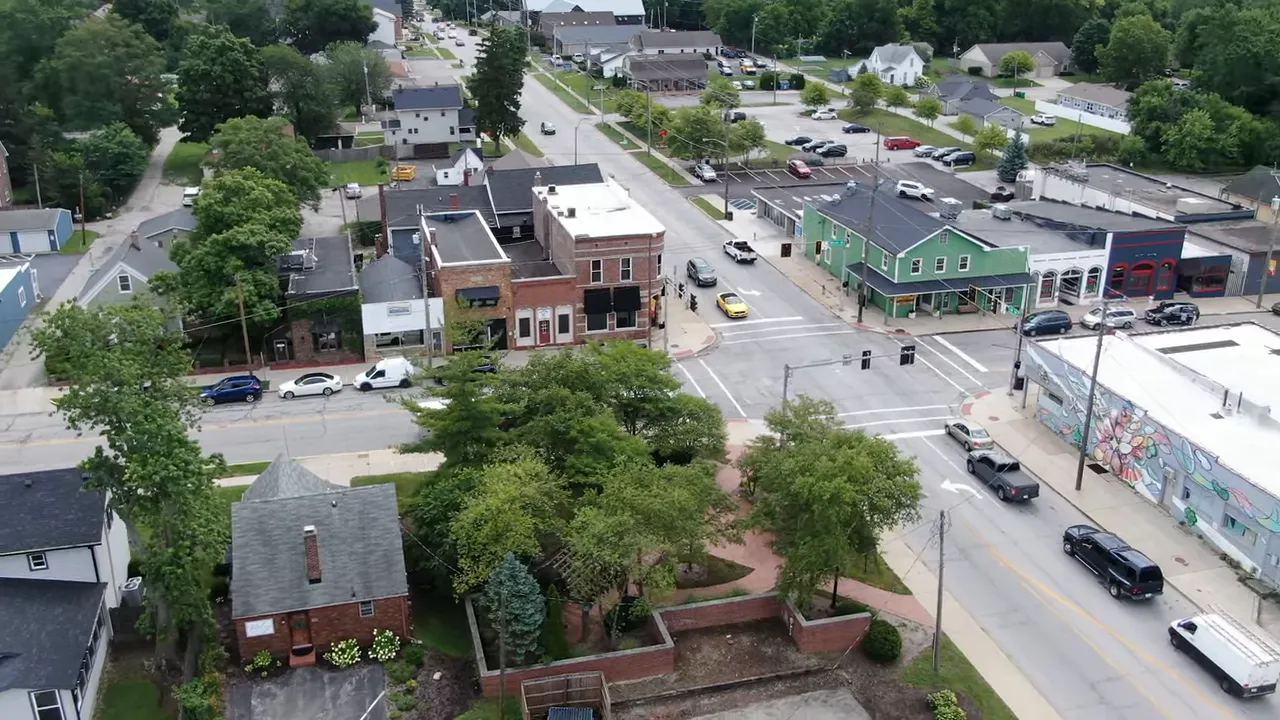 Aerial view of downtown Westfield Indiana streets and buildings