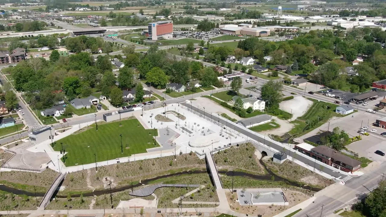 Aerial view of a well-kept community park and development in Westfield, Indiana