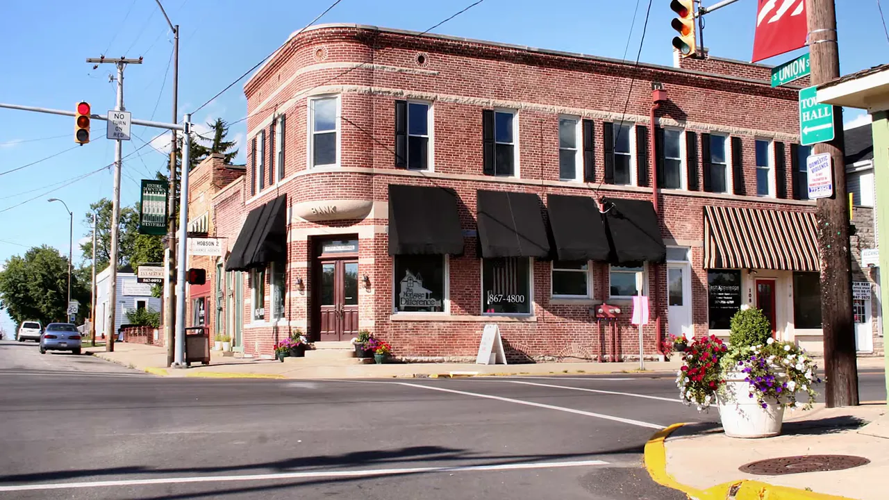 Downtown Westfield Indiana brick building on a city street