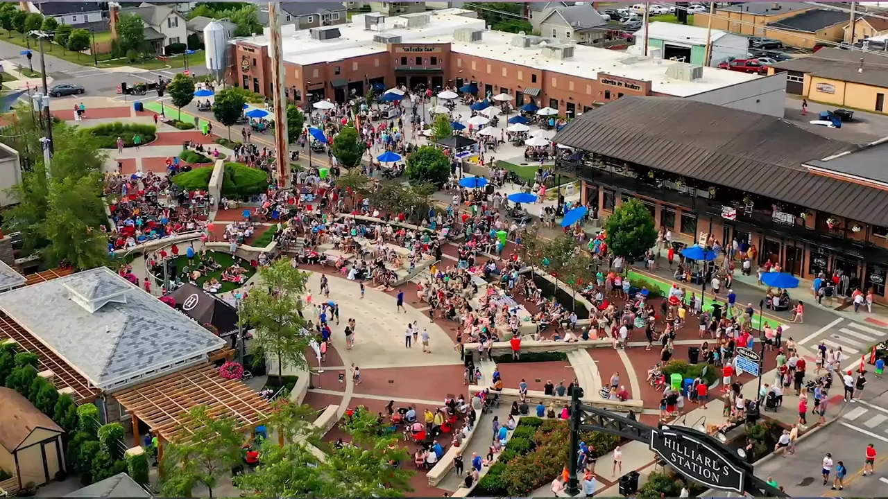 Aerial view of a crowded public gathering in downtown Dublin