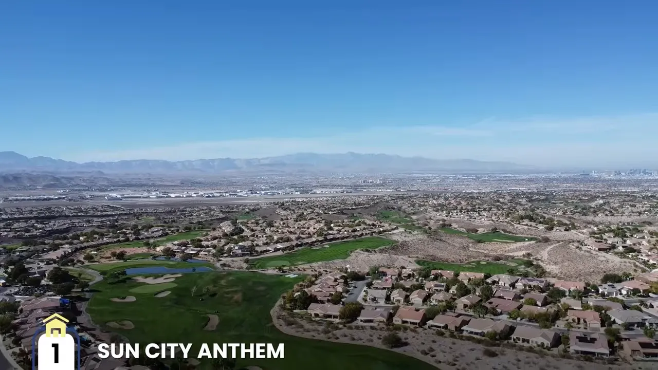 Aerial view of Sun City Anthem golf course homes and Las Vegas Valley