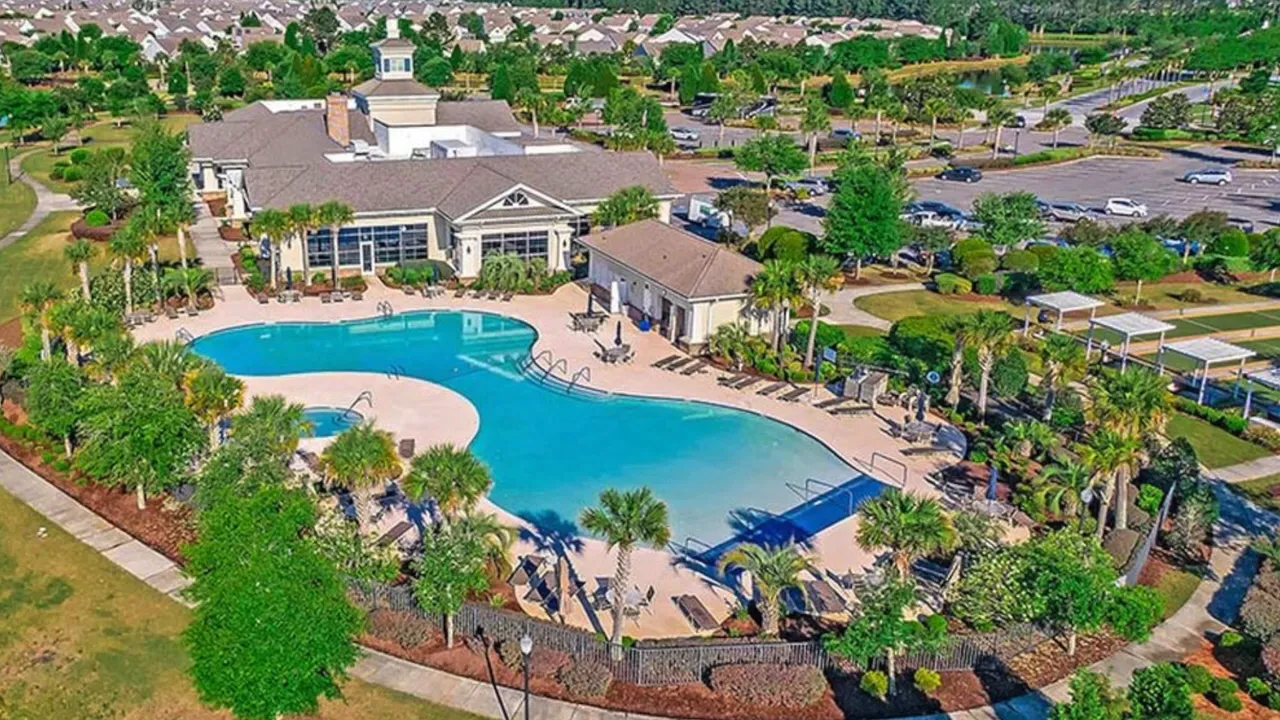 Aerial view of Del Webb pool area and fitness center